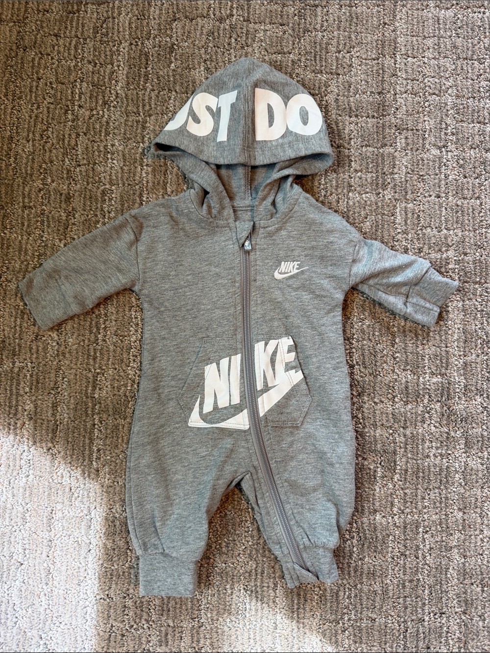 Nike Gray Hooded Baby One-Piece Footie with White Logos